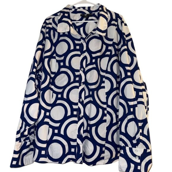 Ashley Stewart Women's Blue Geometric Print Collared Button-Up Shirt 32 - Picture 1 of 9